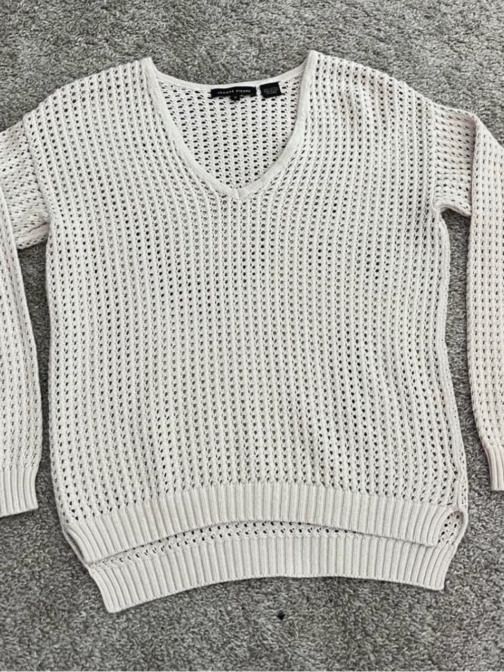 JEANNE PIERRE Open-Knit V-Neck Sweater in Cream